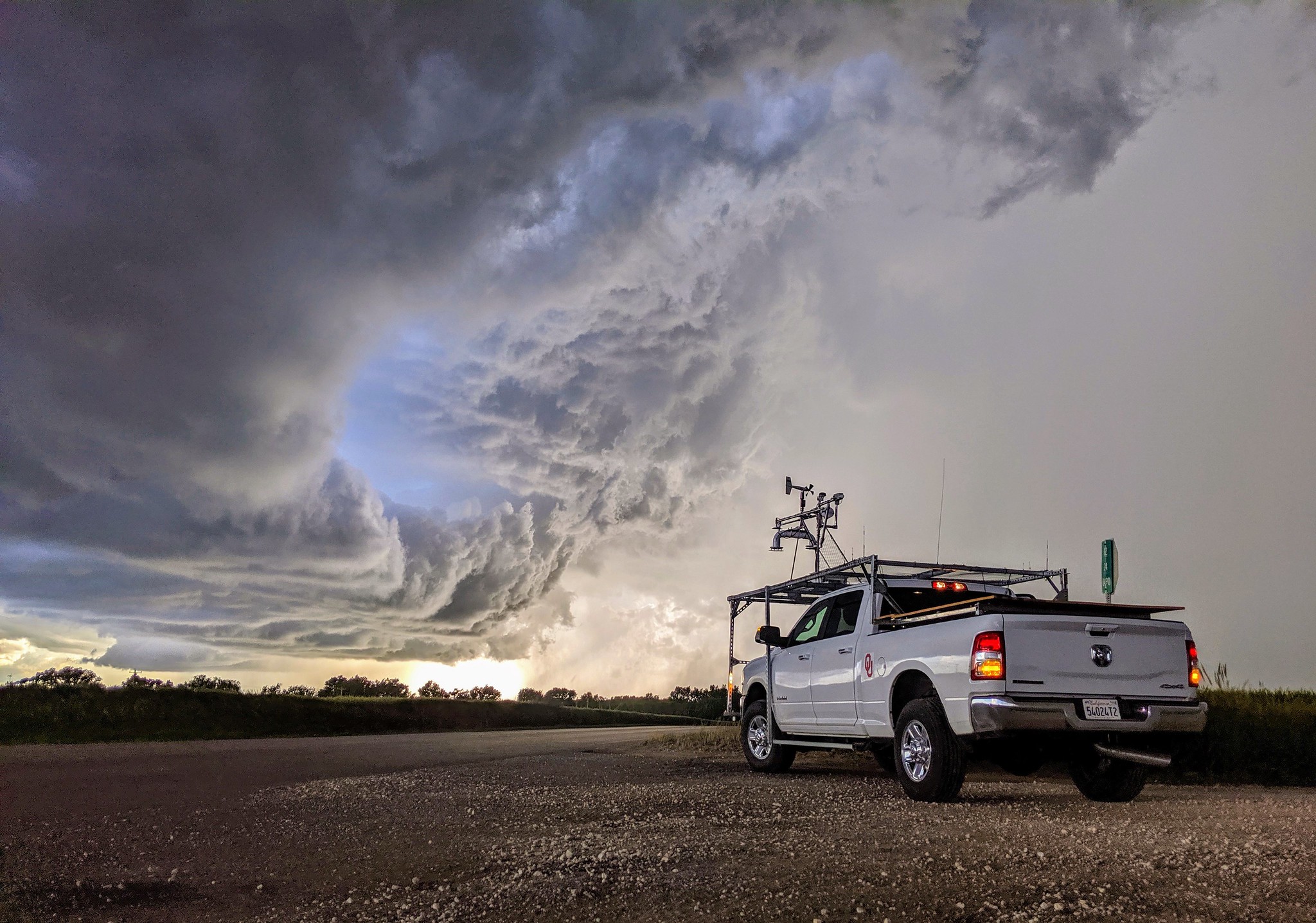 The TORUS Windsond team from the University of Oklahoma Cooperative Institute for Mesoscale Meteorological Studies supporting NOAAs National Severe Storms Laboratory. The team is near the hail core of a storm in May 2019. (Photo by Christiaan Patterson, OU CIMMS/NOAA NSSL)