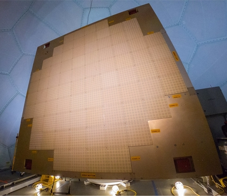 An image of the Advanced Technology Demonstrator, protected by a shield that resembles a giant blue soccer ball, is the first full-size s-band dual-polarimetric phased-array radar designed for weather.